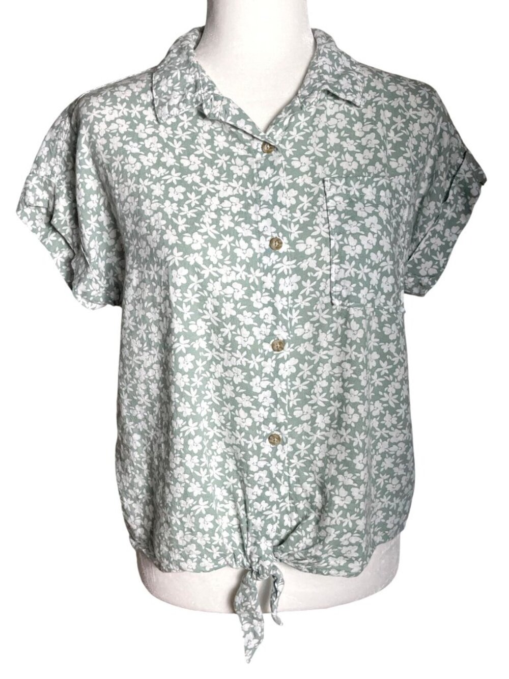 Green Floral Camp Shirt Casual Button Up Ties Linen Blend Retro Girl XL Wom S